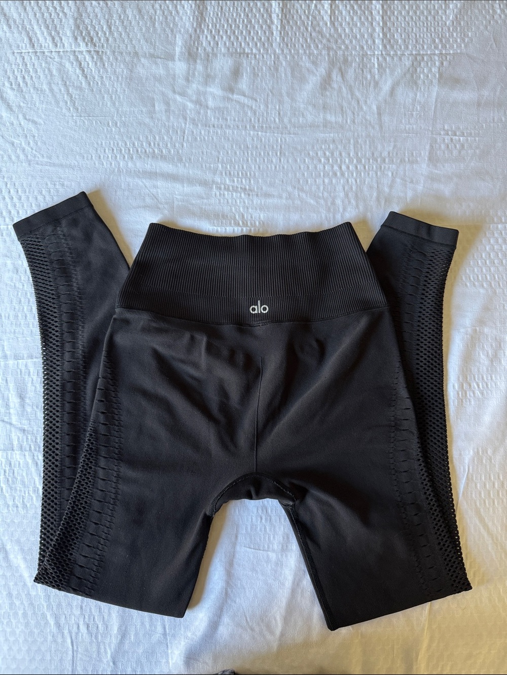 ALO Yoga Black Ribbed-Waist Leggings with Side Mesh Panels
